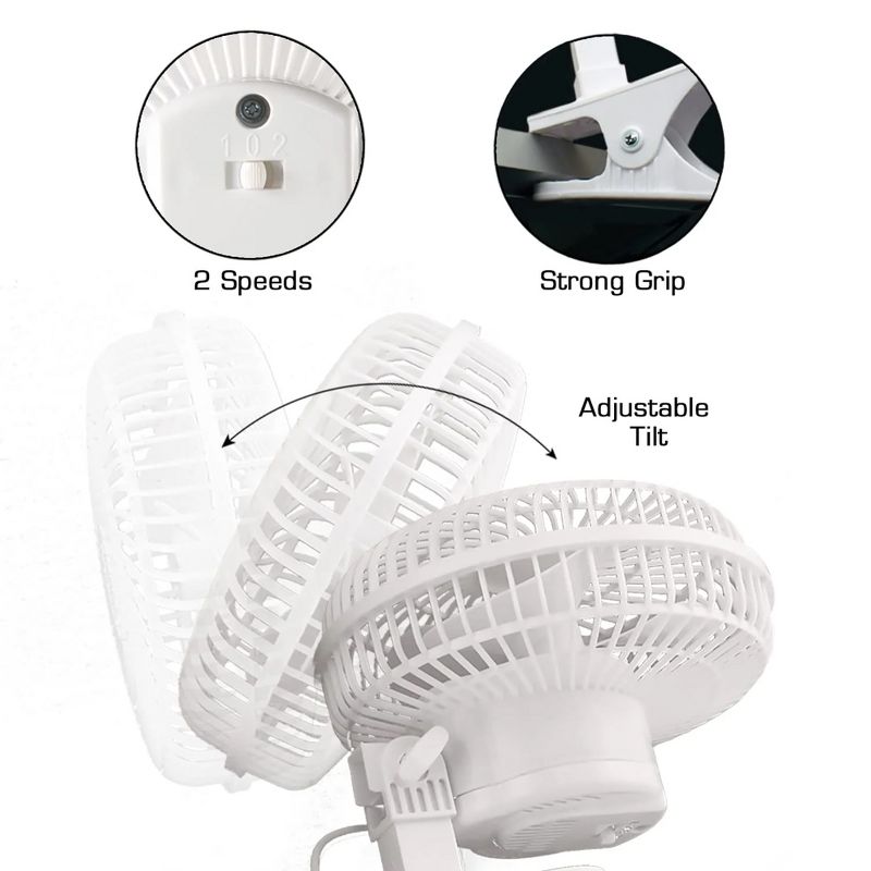 Hurricane Classic 6 Inch Clip Fan, 2 Speed Portable Mini Desk Personal Table Fan with Adjustable Tilt for Home Office, Stroller, and Travel, White, 4 of 7