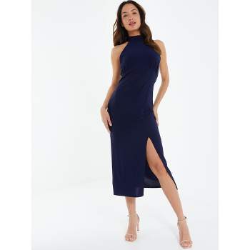 QUIZ Women's Halter Neck Ruched Midi Dress-Blue