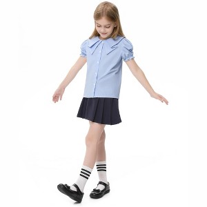 BLUEMING Girls Short Sleeve Peter Pan Collar Blouse Puff Sleeve Button Down Shirts Uniform Blouse for 3-12 Years - 1 of 4