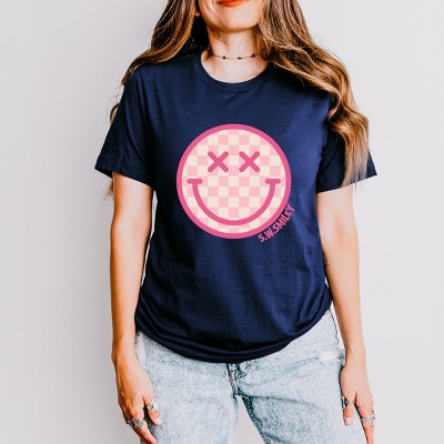 Simply Sage Market S.W.Smiley Pink Checker Smiley Face Short Sleeve Tee - M - True Navy