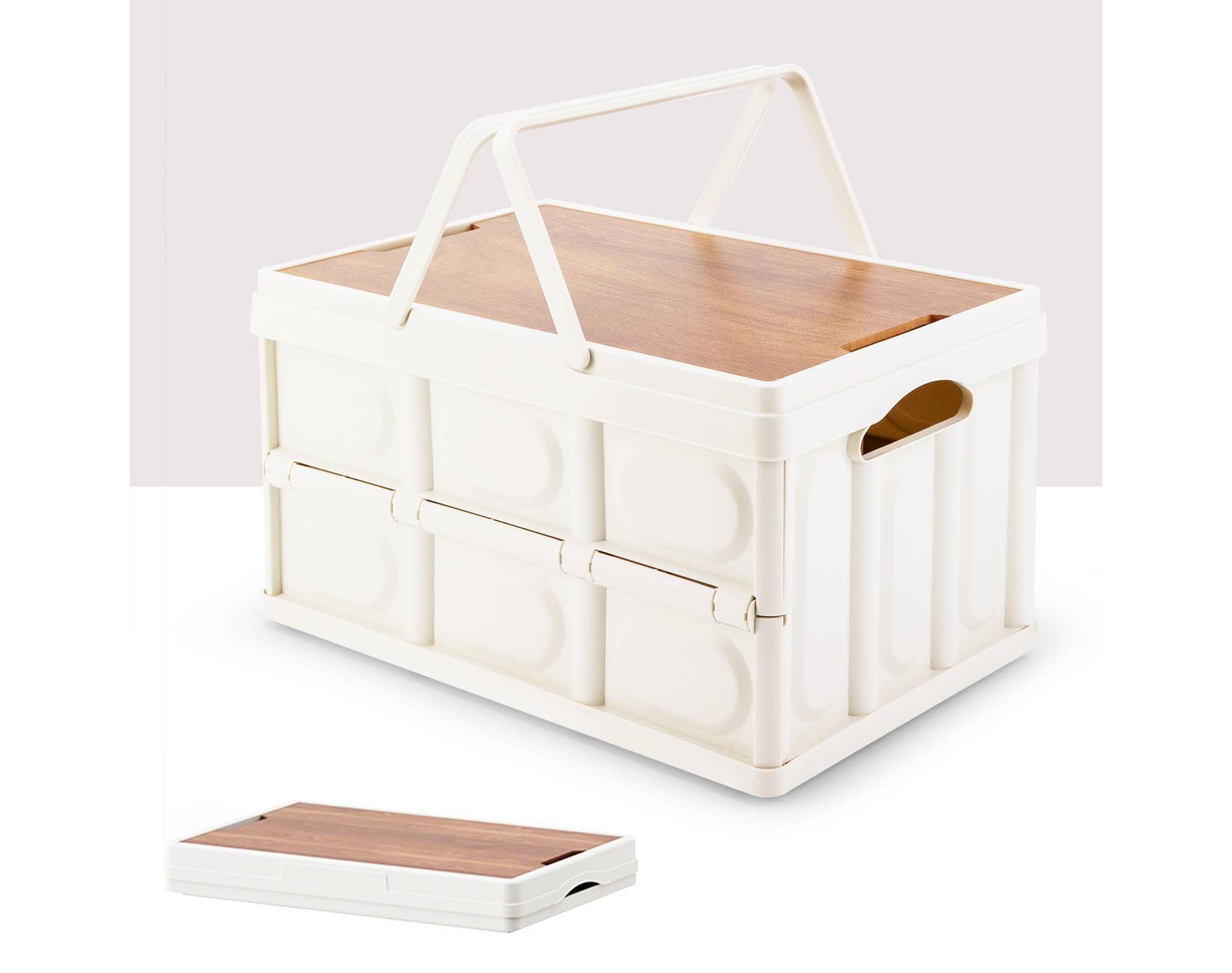 VUSIGN 30L/7.9gal 12''x9.6'' Foldable Storage Bins with Wooden Lids and Handles Light Beige