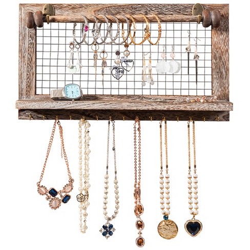 Rustic Wooden Wall Mount Jewelry Organizer with Removable Hanging Rod and  Storage Shelf for Earrings, Bracelets, Necklaces and Accessories, Jewelry