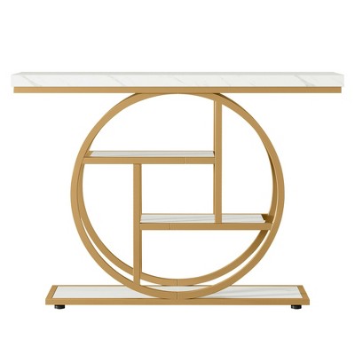 Lirago, 4-Tier Entryway Table with Circular Metal Frame, Made of Engineered Wood & Metal,11.81"D x 41.34"W x 31.5"H,Rustic White