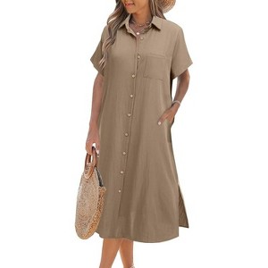 Zeagoo Women Dresses Summer Casual Short Sleeve Button Down Shirt Dresses Beach Cover Up with Pockets - 1 of 4