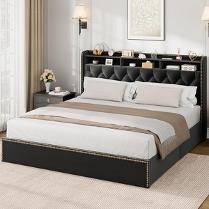 Nasitip King Size Velvet Bed Frame with 4 Storage Drawers, Upholstered Platform with Tufted Headboard and Nailhead Trim Design,No Box Spring Needed - 1 of 4