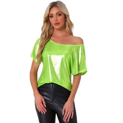 Allegra K Women's Metallic Off Shoulder Short Sleeve Boat Neck Blouse