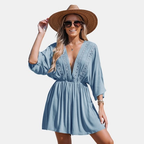 Women's Blue Seas Plunging V-Neck Cover-Up Rompers - Cupshe - image 1 of 4