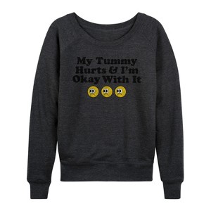 Women's - Instant Message - My Tummy Hurts; Okay With It Lightweight French Terry Wide Neck Long Sleeve Graphic Shirt - 1 of 4