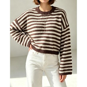 Women Striped Crew Neck Cropped Sweater Loose Long Wide Sleeve