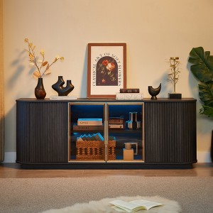 VYNXARIA 64" Wavy TV Cabinet with Round Sideboard, Vertical Stripe Design Aluminum Framed Tempered Glass Doors for Living Room Bedroom Entryway Black - 1 of 4
