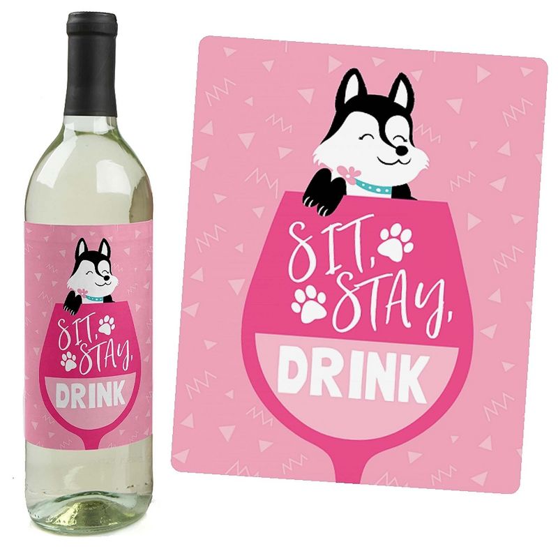 Big Dot of Happiness Pawty Like a Puppy Girl - Pink Dog Baby Shower or Birthday Party Decor for Women and Men - Wine Bottle Label Stickers - Set of 4, 5 of 9