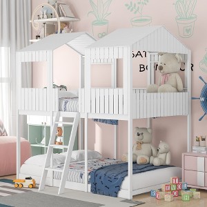 Full Over Full Wooden House Bunk Bed with Roof, Window and Ladder, Sturdy Kids' Bed Frame for Bedroom, White/Antique Gray - ModernLuxe - 1 of 4