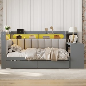 Full Size Daybed with Storage Shelves, Drawers, Charging Station, LED Light, Desk & Upholstered Headboard and Backrest - ModernLuxe - 1 of 4