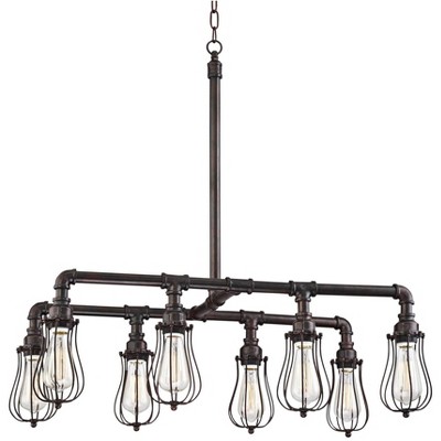 Franklin Iron Works Deep Bronze Large Island Pendant Chandelier 33" Wide LED 8-Light Industrial Pipe Kitchen Island Dining Room