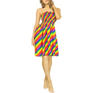 LA LEELA Women's Summer Boho Beach Backless Rainbow Cross Stripe Mini Swing Casual Dress Tube Top Casual Dresses for Women One Size Multicolor Stripe - 1 of 4