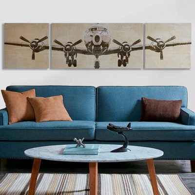 Vintage Airplane Triptych Canvas Art Set in Beige and Gray