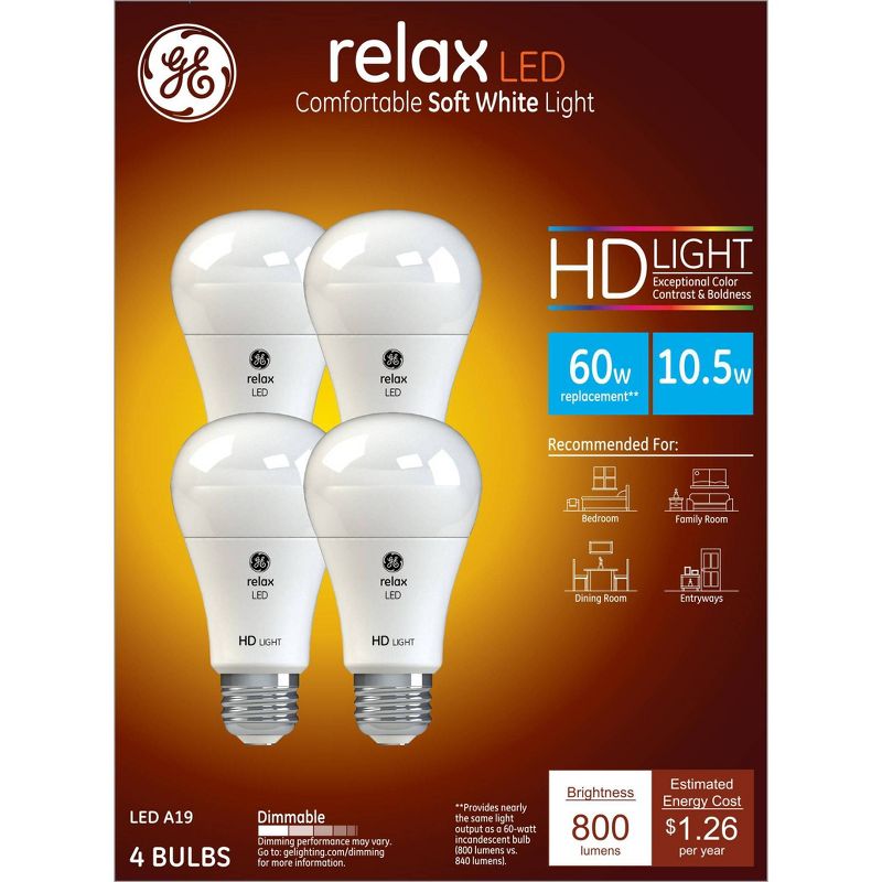GE Household Lighting 4pk 10W 60W Equivalent Relax LED HD Light Bulbs Soft White, 1 of 7