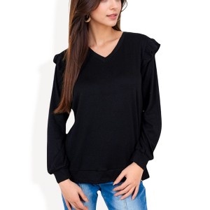 Anna-Kaci Women's Long Sleeve V-Neck Top with Ruffled Shoulder Detail - 1 of 4