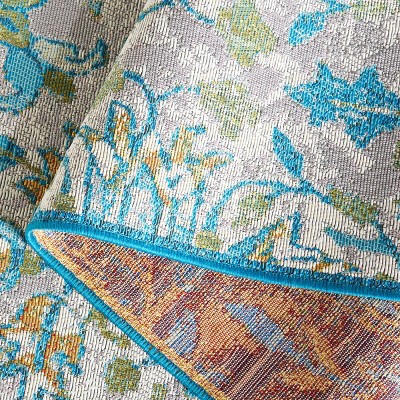 Ivory and Light Blue Synthetic Square Indoor/Outdoor Area Rug