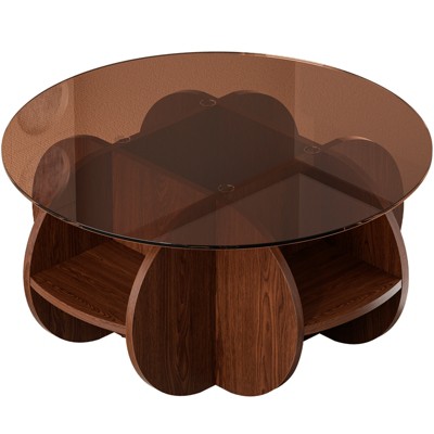 Dolonm 31.5" Round Coffee Table w/4 Storage Shelves: Tempered Glass Top & Walnut MDF Frame, Space-Saving for Small Apartments