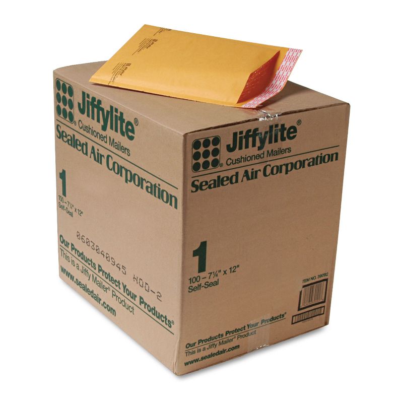 Sealed Air Jiffylite Self-Seal Mailer Side Seam #1 7 1/4 x 12 Golden Brown 100/Carton 39092, 1 of 3