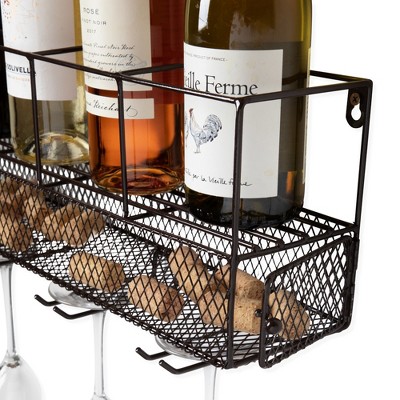 True Wall Mounted Wire Wine Rack with Cork Cage, Stemware Holder, Holds 5 Bottles & 4 Wine Glasses