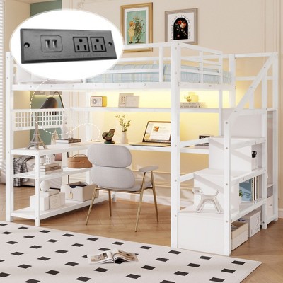 TUYOHW Full Size Loft Bed with Storage Staircase & Wardrobe,Metal Loft Bed with Desk,Storage Shelves,Charge Station,LED Lights for Teens & Adults