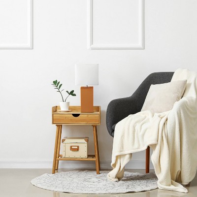 Tan Leather Desk Lamp with White Fabric Shade