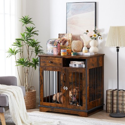 Tangkula Wooden Dog Crate Furniture With Pad Bed Double Doors Dog Kennel  End Table : Target