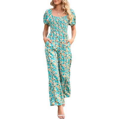 Women's Summer Smocked Jumpsuits Casual Square Neck Short Sleeve High Waist Wide Leg Rompers with Pockets