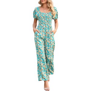 Women's Summer Smocked Jumpsuits Casual Square Neck Short Sleeve High Waist Wide Leg Rompers with Pockets - 1 of 4
