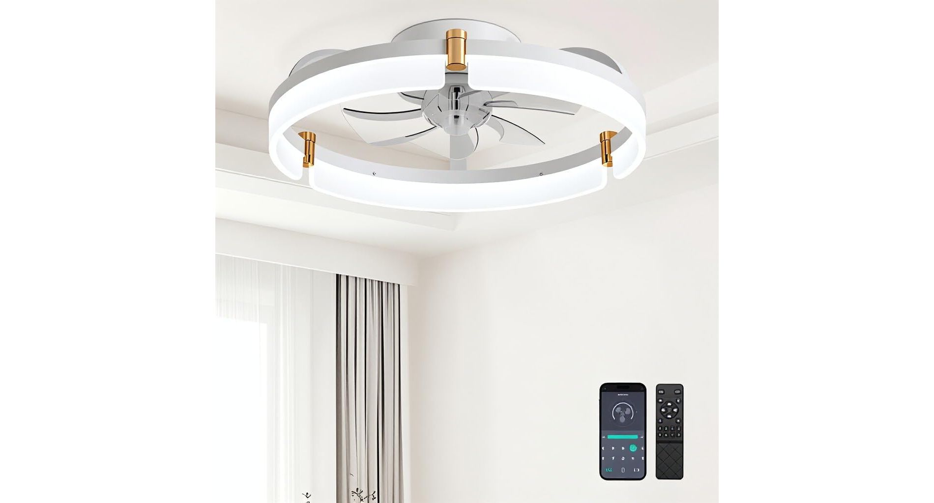 Standard Size Modern Ceiling Fan with Lights and Remote, 6-Speed Quiet Smart LED, Dimmable Memory Function, Flush Mount for Bedroom, White