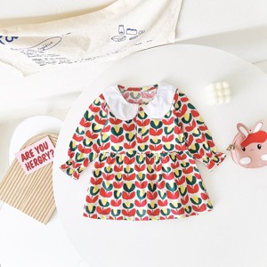 MyKids-USA Baby Girl Floral Print Pattern Doll Neck A-Line Design Dress - 1 of 4
