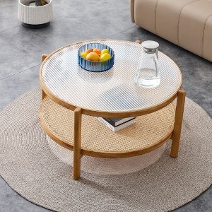 CENGHU Modern Simple Round Double-Layer Coffee Table, Solid Wood Glass Desktop Tea Table Rattan Woven, Side Table for Living Room, Natural - 1 of 4