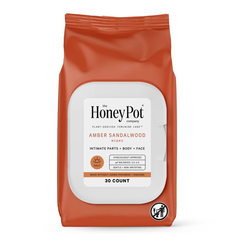 The Honey Pot Company, Amber Sandalwood Feminine Cleansing Wipes, Intimate Parts, Body or Face - 30ct, 1 of 12