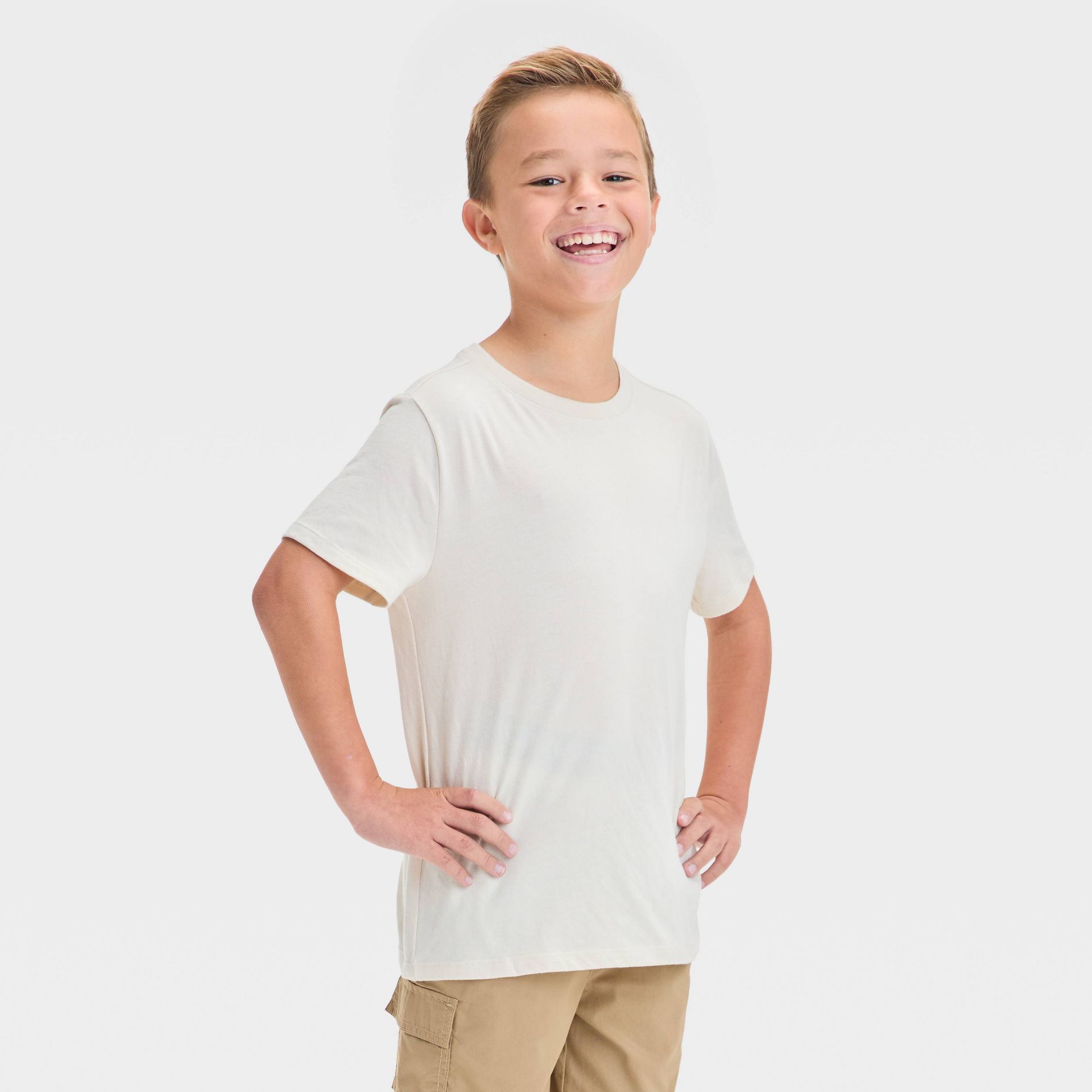 Boys' Short Sleeve T-Shirt - Cat & Jack™ Beige M: Crew Neck, Pullover, Jersey Fabric