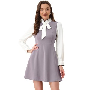 INSPIRE CHIC Women's Elegant Contrast Ruffle Stand Collar Bow Tie Puff Sleeve Office Dress - 1 of 4