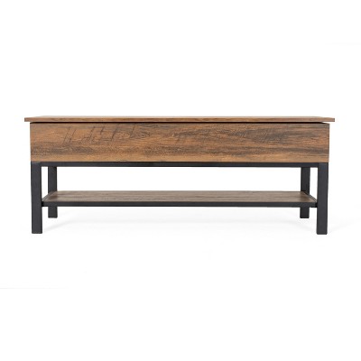 Rustic Oak Farmhouse Storage Bench with Metal Legs