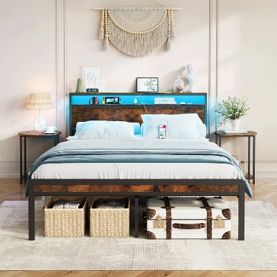 YONWAY Queen Bed Frame with USB Charging Station, Full Size Metal Bed Frame, with Headboard and Footboard, Steel Slat Support, no noise