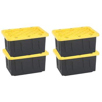 Homz 15-Gallon Durabilt Plastic Stackable Storage Organizer Container w/Snap Lid and Hasps for Tie-Down Straps or Locks, Black/Yellow (4 Pack)