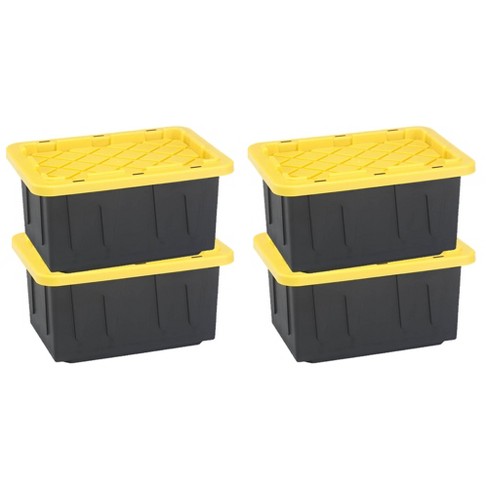 Homz 15-Gallon Durabilt Plastic Stackable Storage Organizer Container  w/Snap Lid and Hasps for Tie-Down Straps or Locks, Black/Yellow (4 Pack)