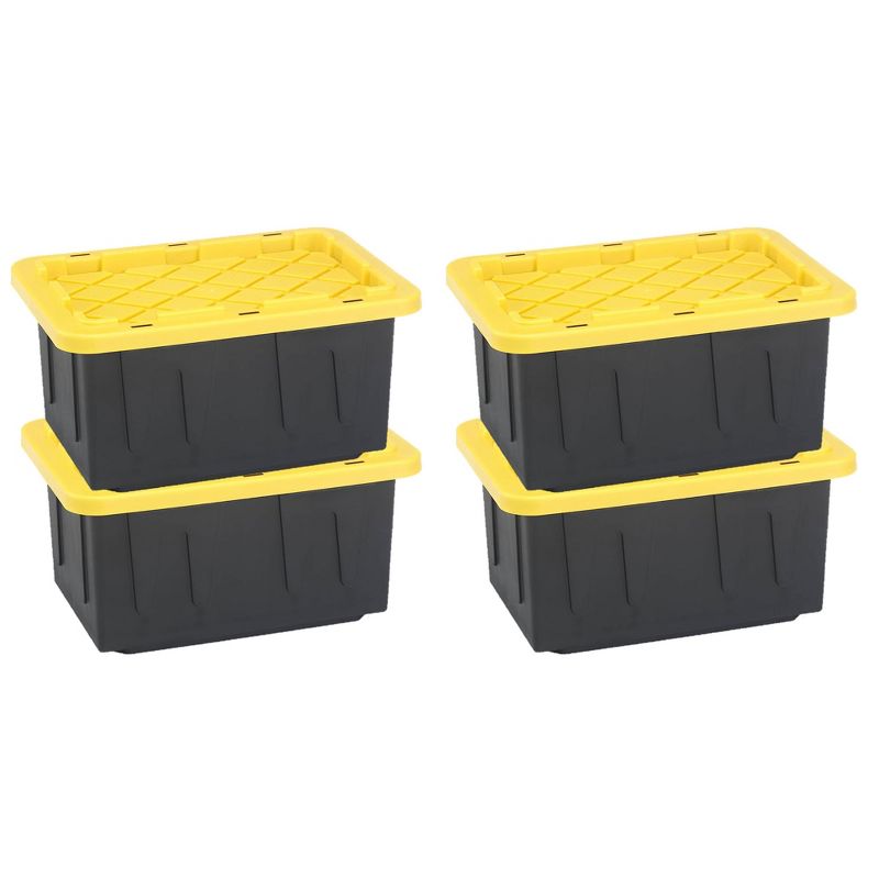 Homz 15-Gallon Durabilt Plastic Stackable Storage Organizer Container w/Snap Lid and Hasps for Tie-Down Straps or Locks, Black/Yellow (4 Pack), 1 of 7