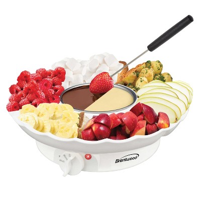 Brentwood 25-Watt Electric Fondue Pot Set with 3-Section Tray and 4 Dipping Forks, White