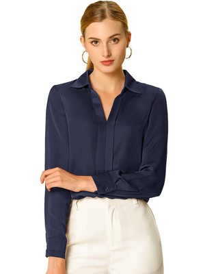 INSPIRE CHIC Women's Elegant V Neck Long Sleeve Office Work Satin Shirt