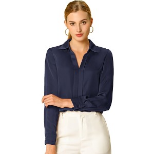 INSPIRE CHIC Women's Elegant V Neck Long Sleeve Office Work Satin Shirt - 1 of 4