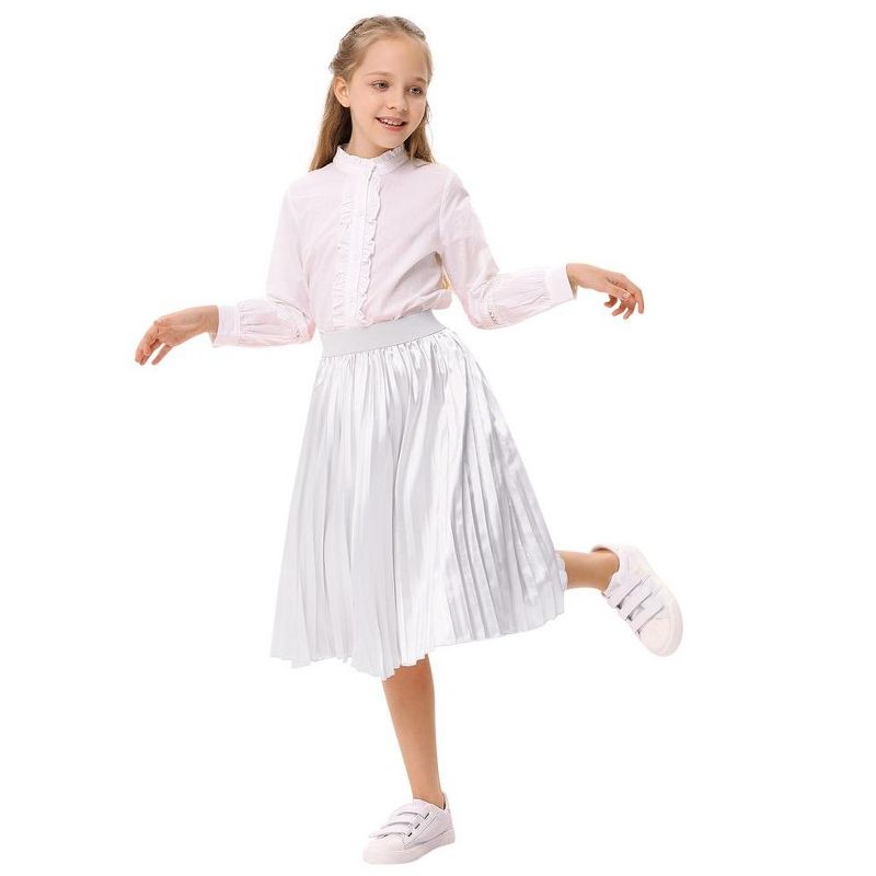Kids Solid Pleated Skirt Below the Knee Girls Satin Skirts, 3 of 7
