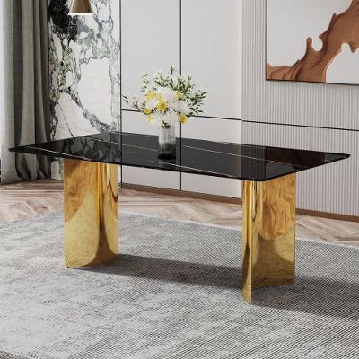 CENGHU Modern Minimalist Rectangular Dining Table with Black or White Patterned Glass Desktop and Golden Metal Legs,  71" *39.3" *29.5"  Kitchen Table