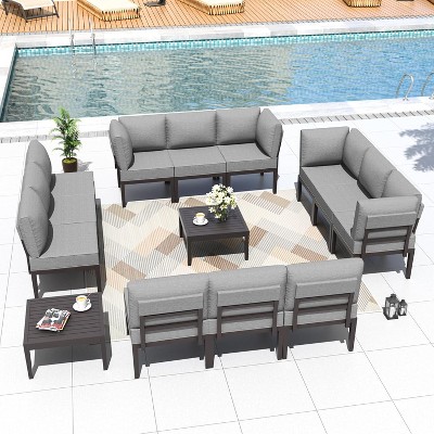 ALAULM 14 Pieces Metal Patio Furniture Set Modern Metal Outdoor Conversation Sets, Patio Sectional Sofa w/5 Inch Cushion and Coffee Table, Grey