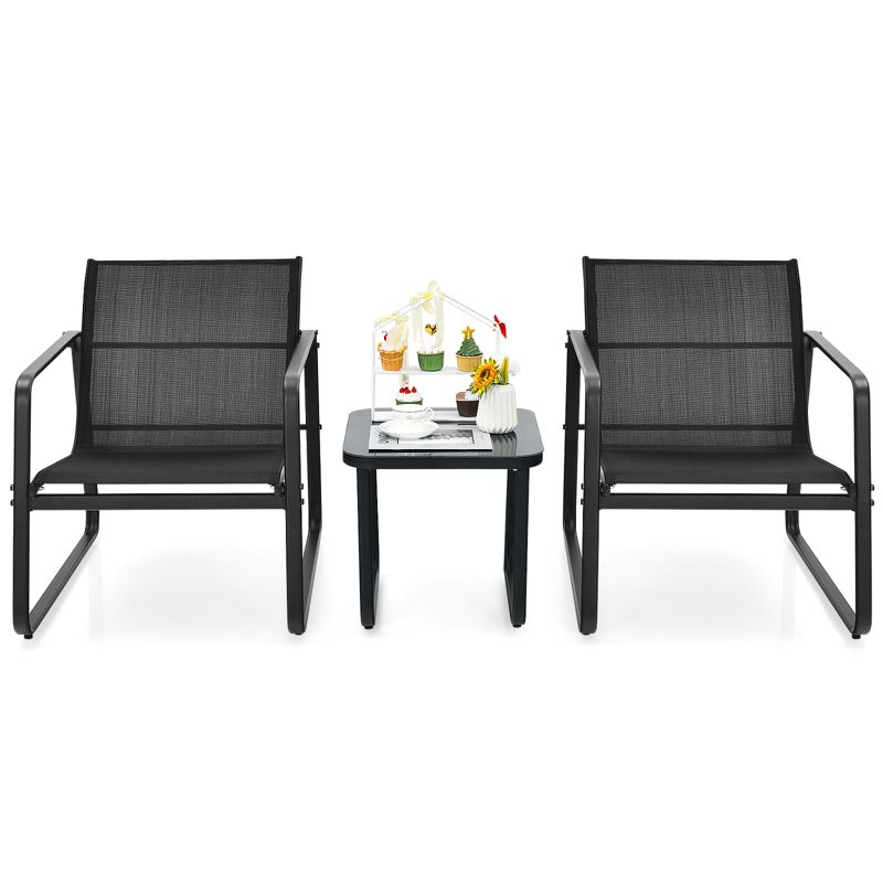 Tangkula Set of 3 Outdoor Bistro Furniture Set Patio Table & Chairs Set for Backyard Poolside Lawn Black, 5 of 7