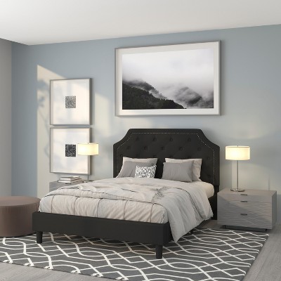 Elegant Queen-Sized Black Fabric Upholstered Bed with Nailhead Trim